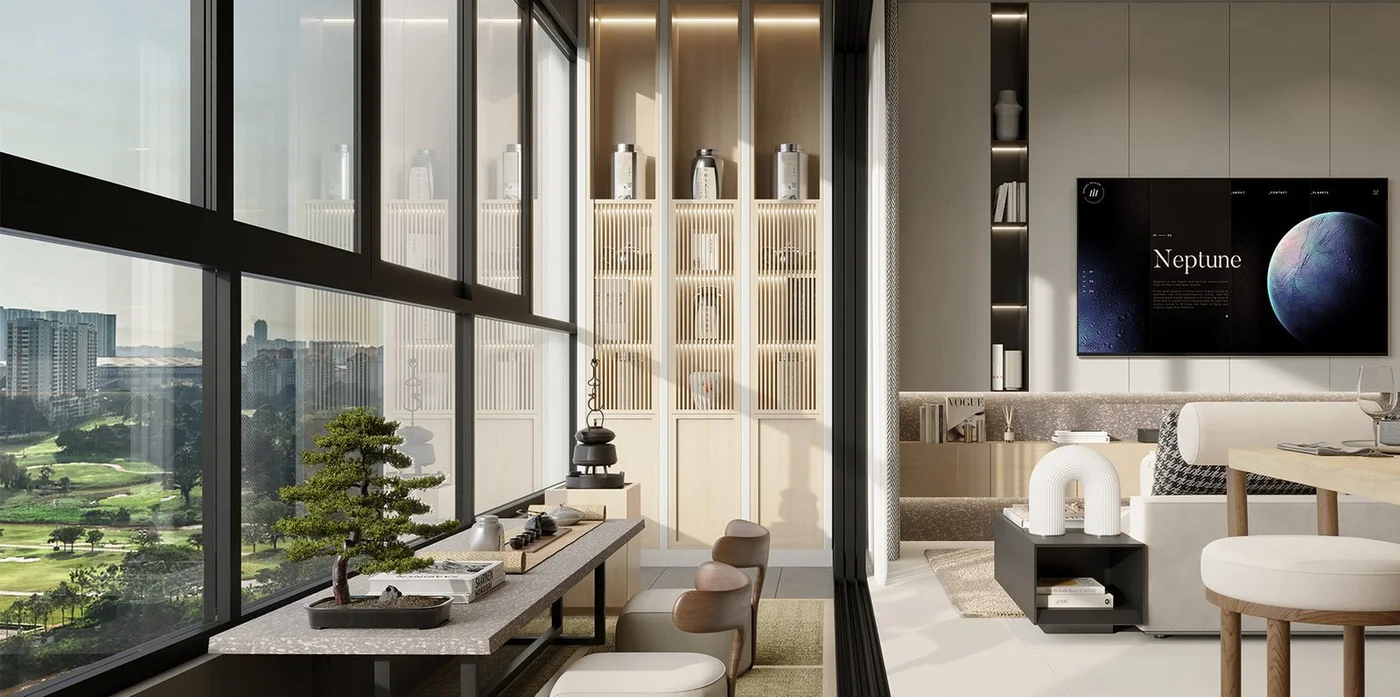 Living room at Oaka with floor-to-ceiling windows over the Bukit Jalil golf greenery