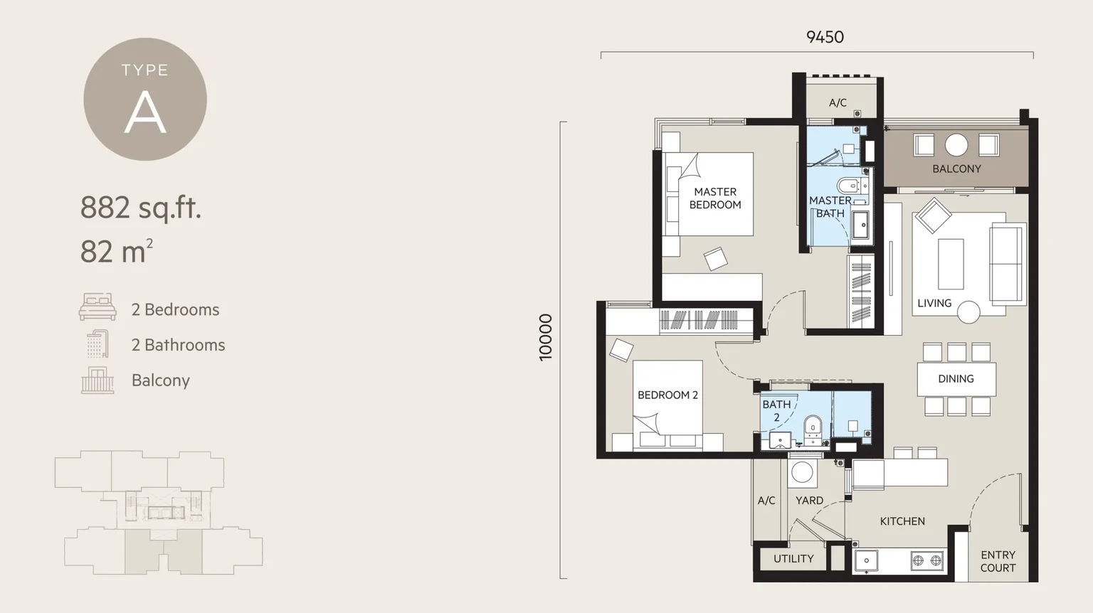 Oaka Type A floor plan, 2 bedroom 882 sqft