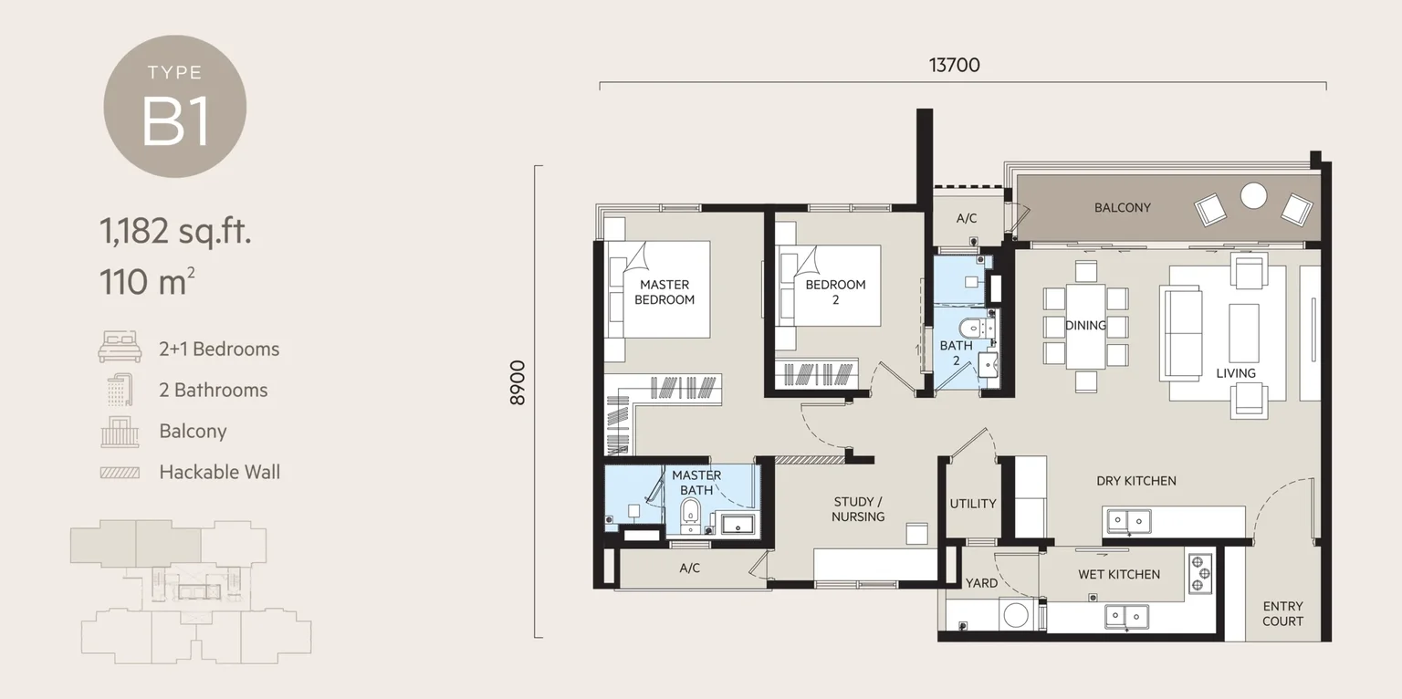 Oaka Type B1 floor plan, 2+1 bedroom 1182 sqft