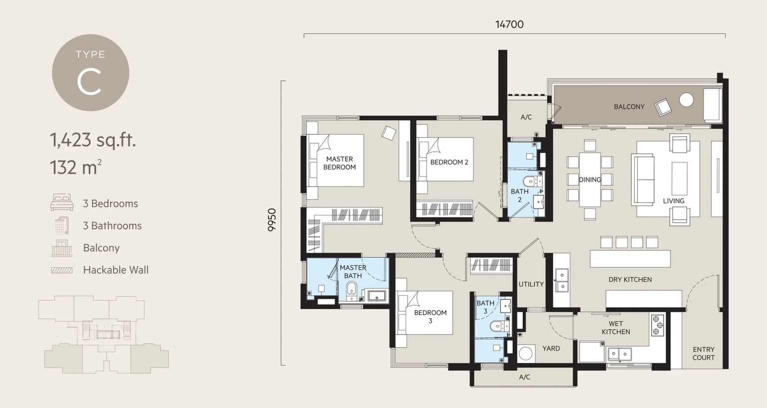 Oaka Type C floor plan, 3 bedroom 1423 sqft